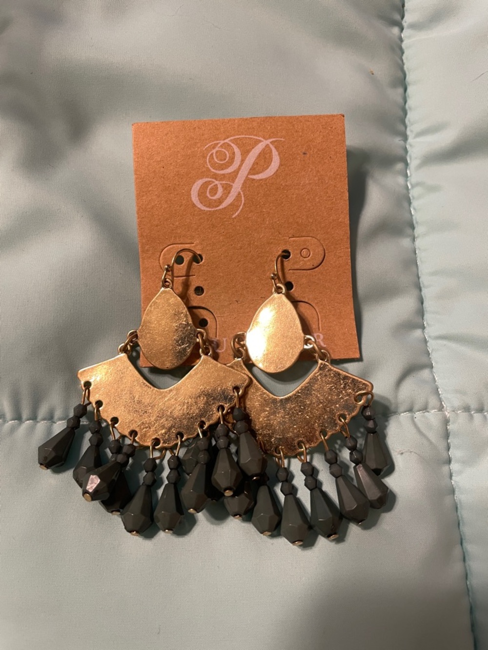 Plunder- Gold-Tone Fan Drop Earrings with Tealish Green Beads